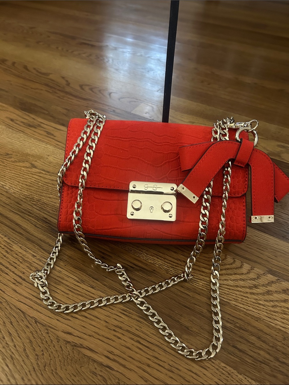 Jessica Simpson Bright Orange Croc-Embossed Chain Crossbody with Bow